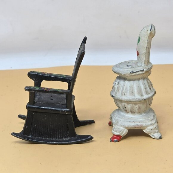Vintage Cast Iron Miniature Rocking Chair & Stove Set With Floral Accents - Picture 2 of 11
